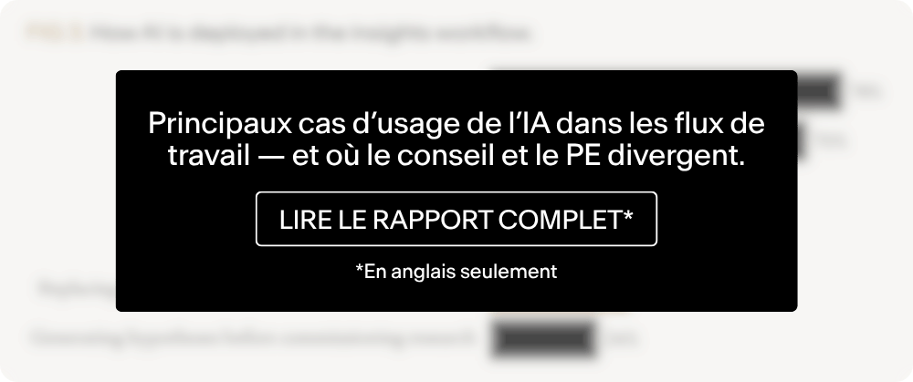Figure verrouillée : principaux cas d’usage de l’IA, conseil vs PE. Disponible dans le rapport complet.