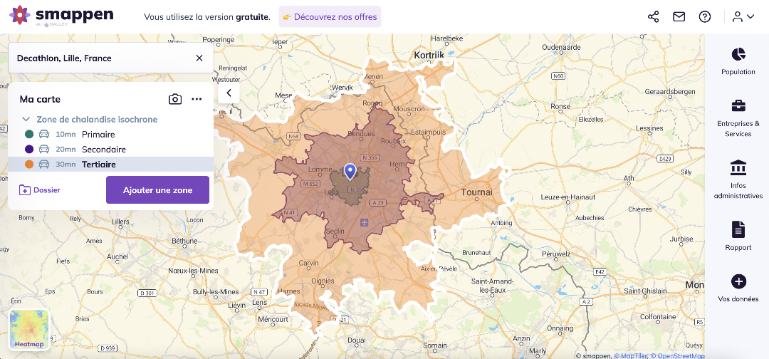 Exemple de zone de chalandise selon le modèle isochrone 10/20/30 min d’accès en voiture avec Decathlon Lille