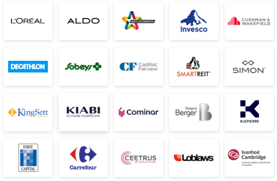 Logos of L'Oreal, Aldo, Mall of America, Invesco, Cushman & Wakefield, Decathlon, Sobeys, CF Cadillac Fairview, SmartReit,Simon, KingSett Capital, Kiabi, Cominar, Roland Berger, Klepierre, First Capital, Carrefour, Ceetrus, Loblaws, Ivanhoe Cambridge