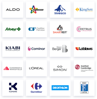 Logos of L'Oreal, Aldo, Mall of America, Invesco, Cushman & Wakefield, Decathlon, Sobeys, CF Cadillac Fairview, SmartReit,Simon, KingSett Capital, Kiabi, Cominar, Roland Berger, Klepierre, First Capital, Carrefour, Ceetrus, Loblaws, Ivanhoe Cambridge